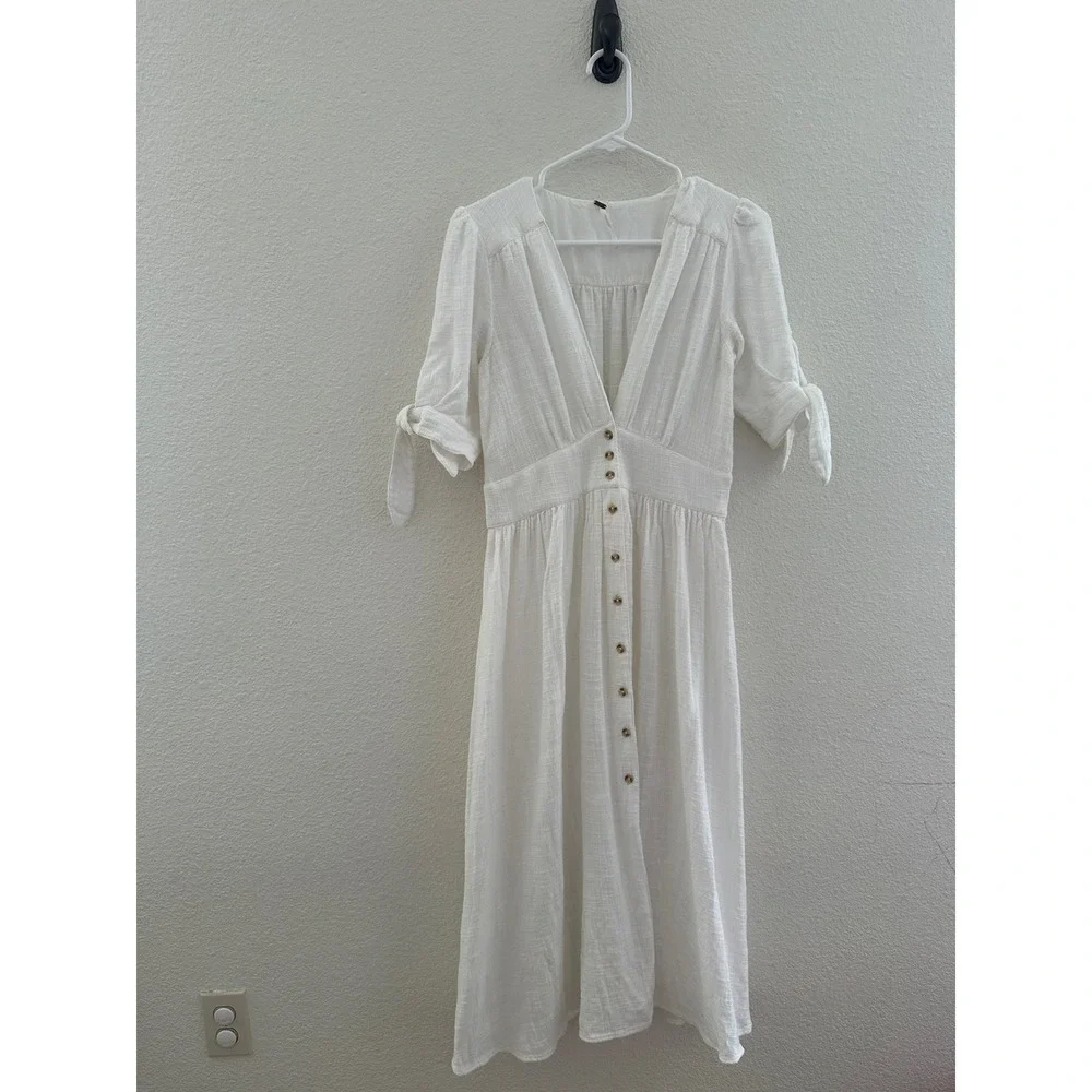 Free People White Cotton V-Neck Button Front Midi Dress Coquette Boho Small